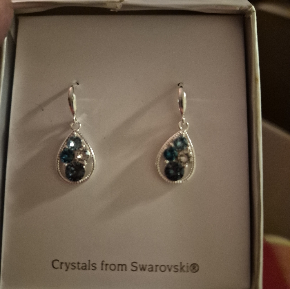 Swarovski Teardrop Earrings with Silver and Dark Blue Crystals